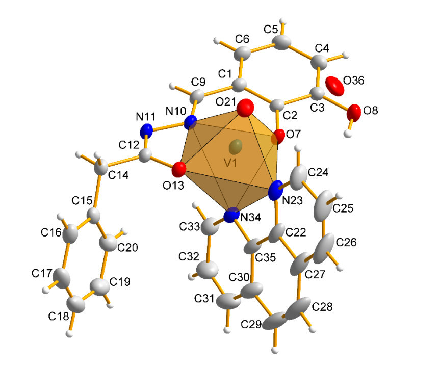 The asymmetric part of the unit cell of the complex 1 with adopted atomic numbering scheme. All non-hydrogen atoms are represented at 30% probability thermal ellipsoids