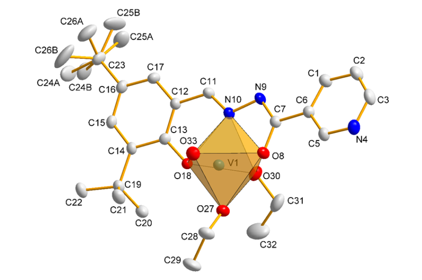 . A view of the coordination environment of the VV atom in 8. H atoms have been omitted for clarity. Displacement ellipsoids are drawn at the 30% probability level. The figure was prepared using DIAMOND